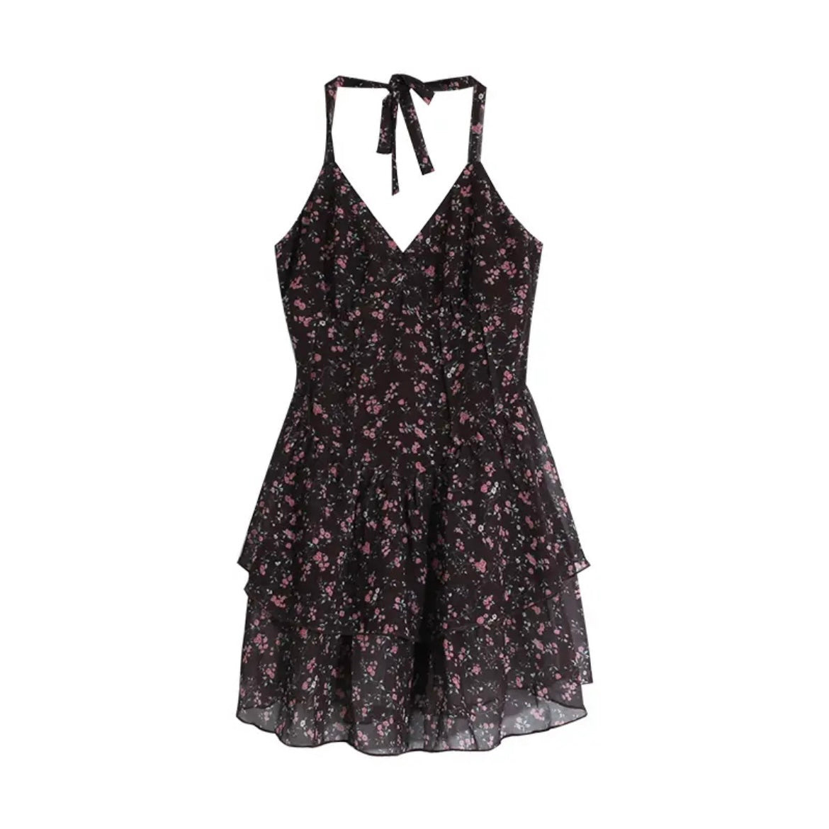 Vintage Black Print Low High Design Spaghetti Strap Mid Dress Summer