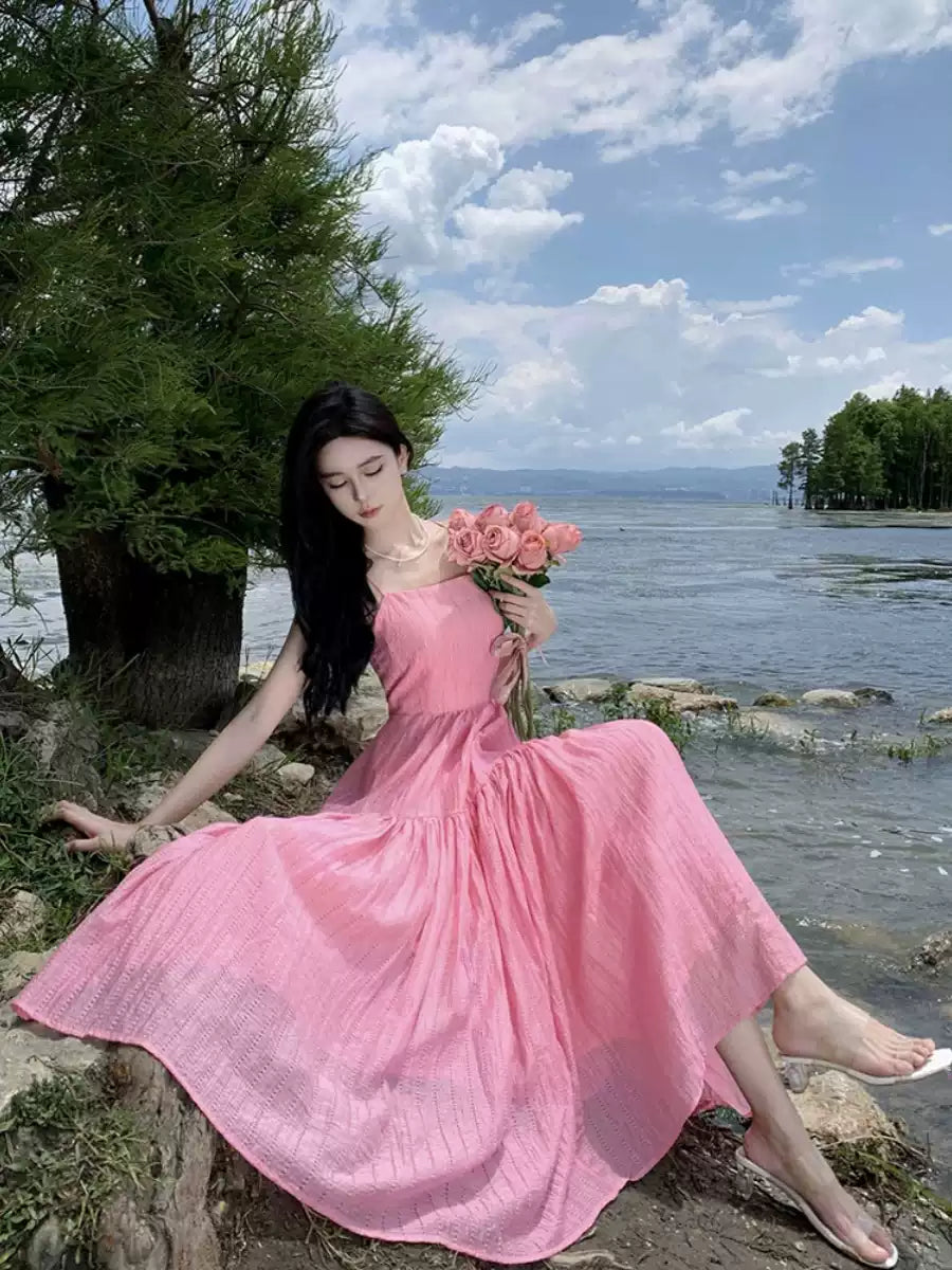 New Pink Strapless Solid Cotton Long Dress Sleeveless