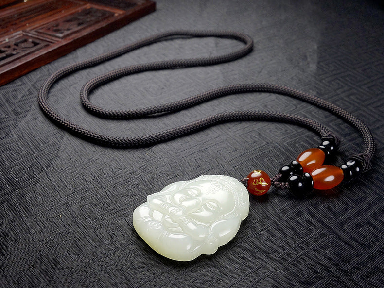 Natural Hetian White Jade Ganesha Pendant Necklace