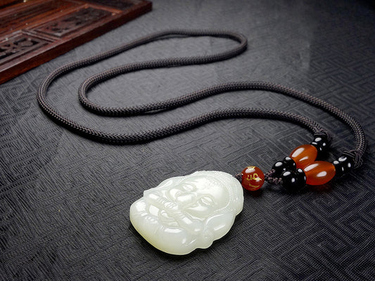 Natural Hetian White Jade Ganesha Pendant Necklace