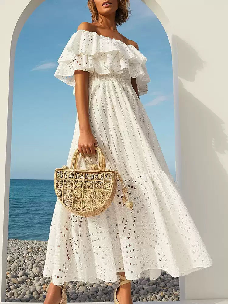 New Yellow Slash Neck Print Tie Waist Cotton Long Dress Summer