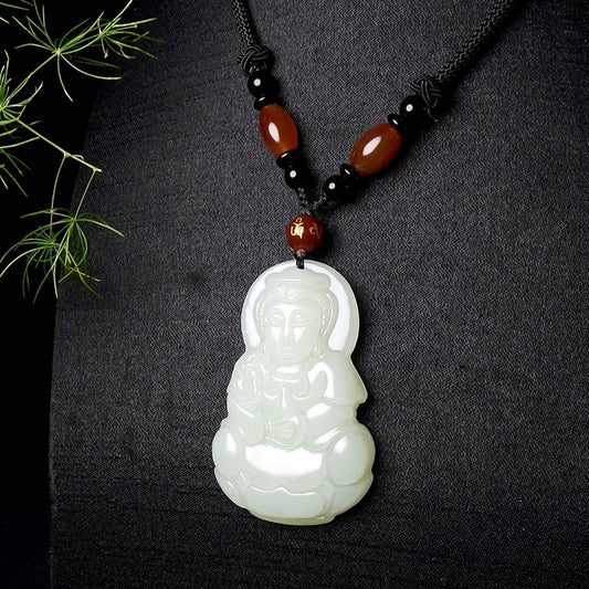 Natural Hetian White Jade Guanyin Pendant Necklace