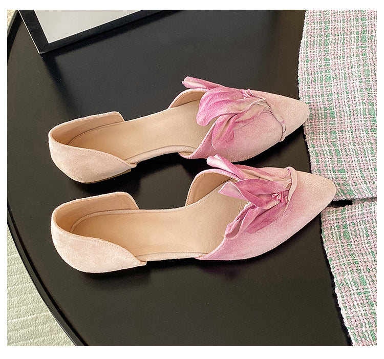 Handmade Pink Satins Flower Pointed Toe Flat Shoes
