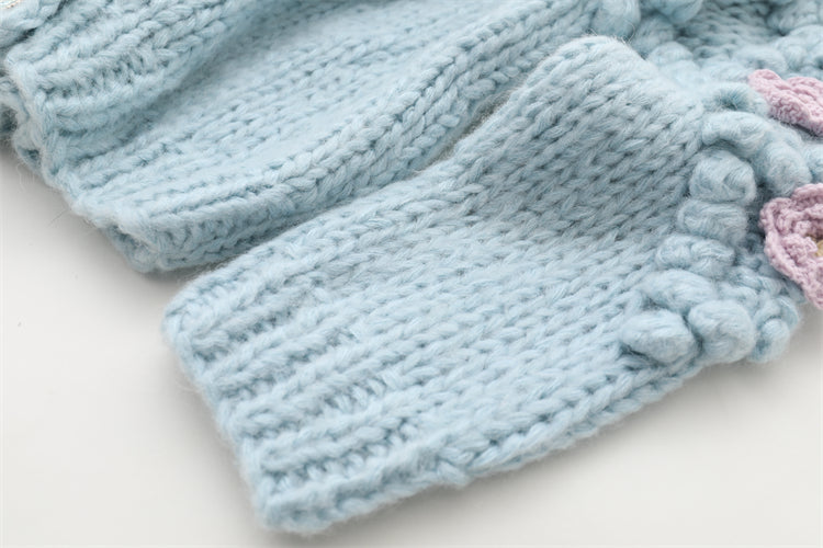 Floral Blue O Neck Button Cozy Knit Coat Winter