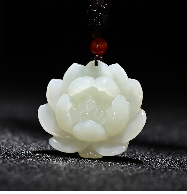 Natural Hetian Jade Lotus Pendant Necklace