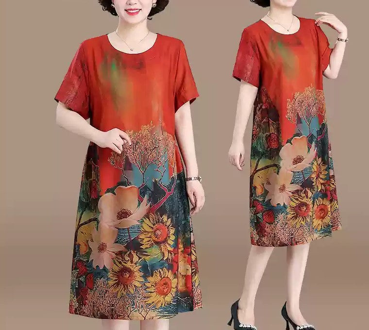 Elegant Gradient Red Oversized Print Holiday Dress Summer