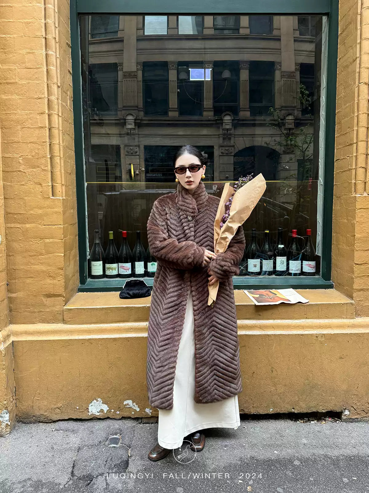 Elegant Coffee O-Neck Pockets Print Faux Leather Long Coats Winter