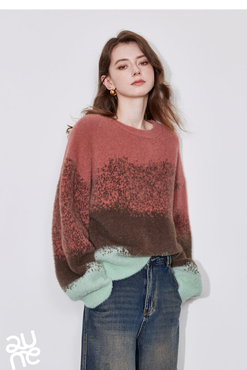 Loose Coffee O Neck Patchwork Cozy Cotton Knit Top Winter
