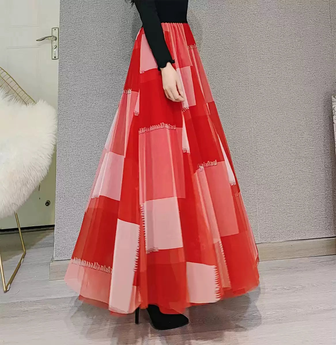 Loose Red Plaid Elastic Waist Tulle Skirt Summer