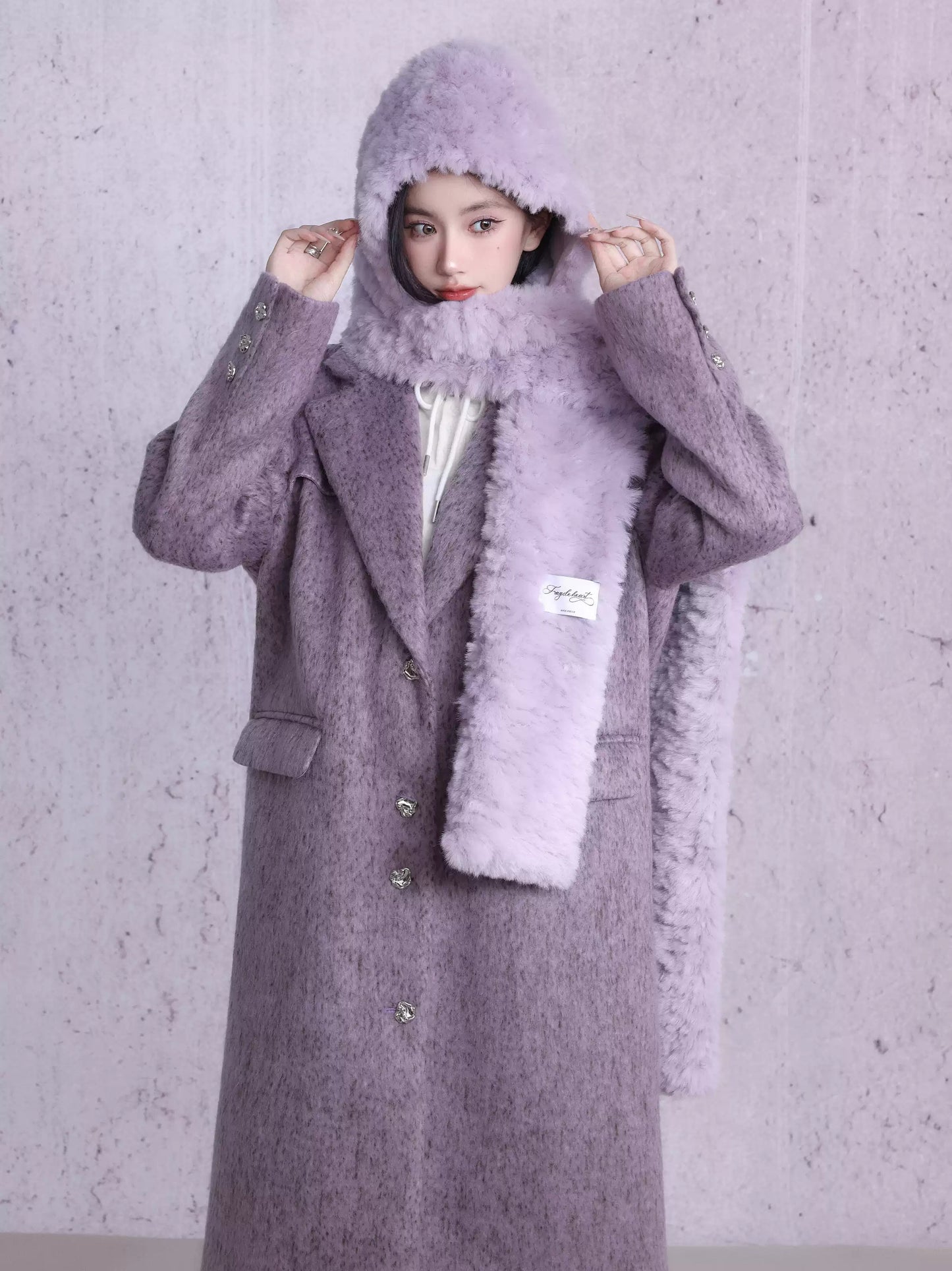 Purple Pockets Patchwork Long Woolen Coats Winter