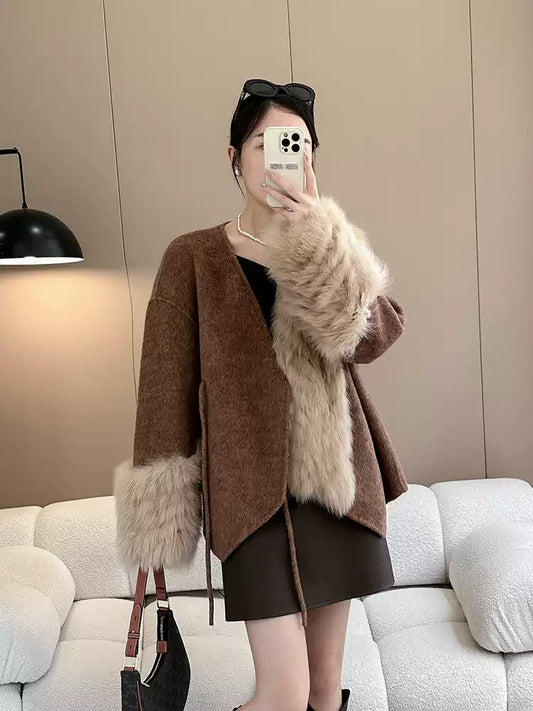 Elegant Caramel Fox Collar Patchwork Tie Waist Woolen Coats Fall