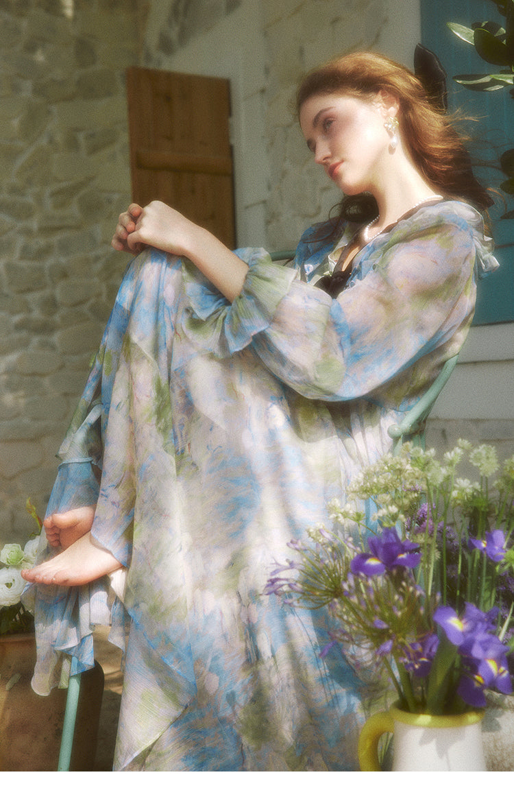 Unique Blue V Neck Ruffled Print Chiffon Long Dress Spring