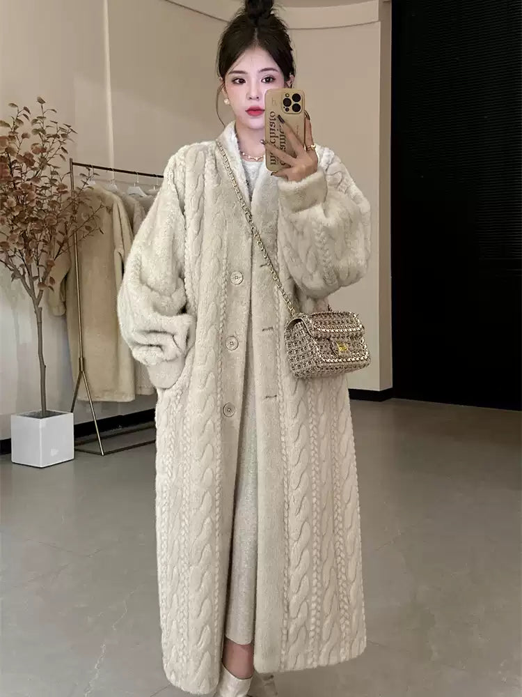 Modern Beige Patchwork Button Faux Leather Maxi Hoodie Coat Winter