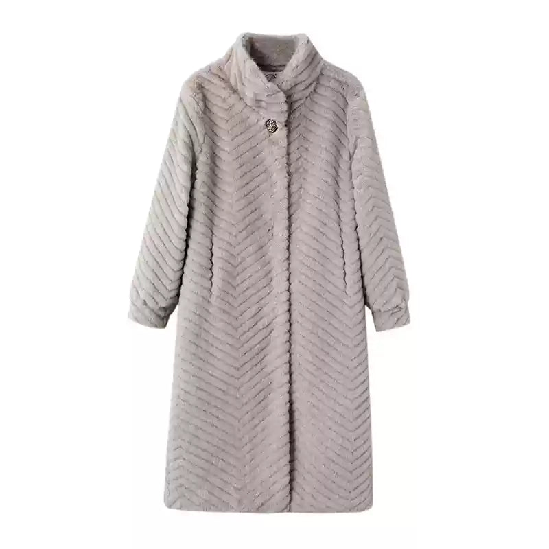 Elegant Coffee O-Neck Pockets Print Faux Leather Long Coats Winter