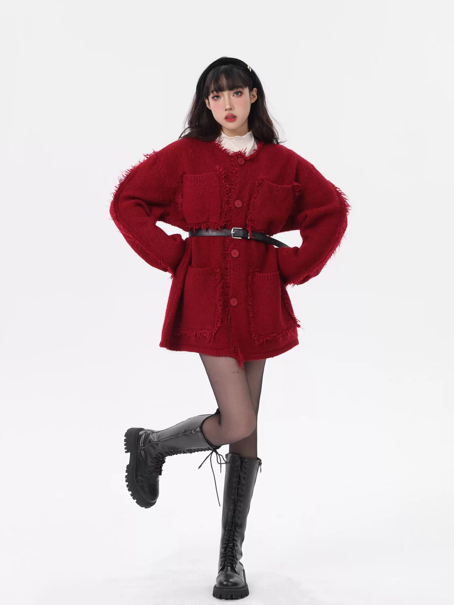 Natural Red Pockets Patchwork Button Cotton Knit Coats Fall