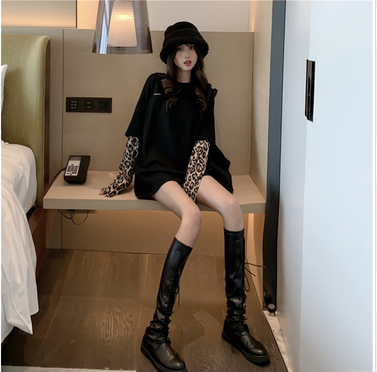 Fashion  Black O-Neck Fake Two Pieces Tops Summer