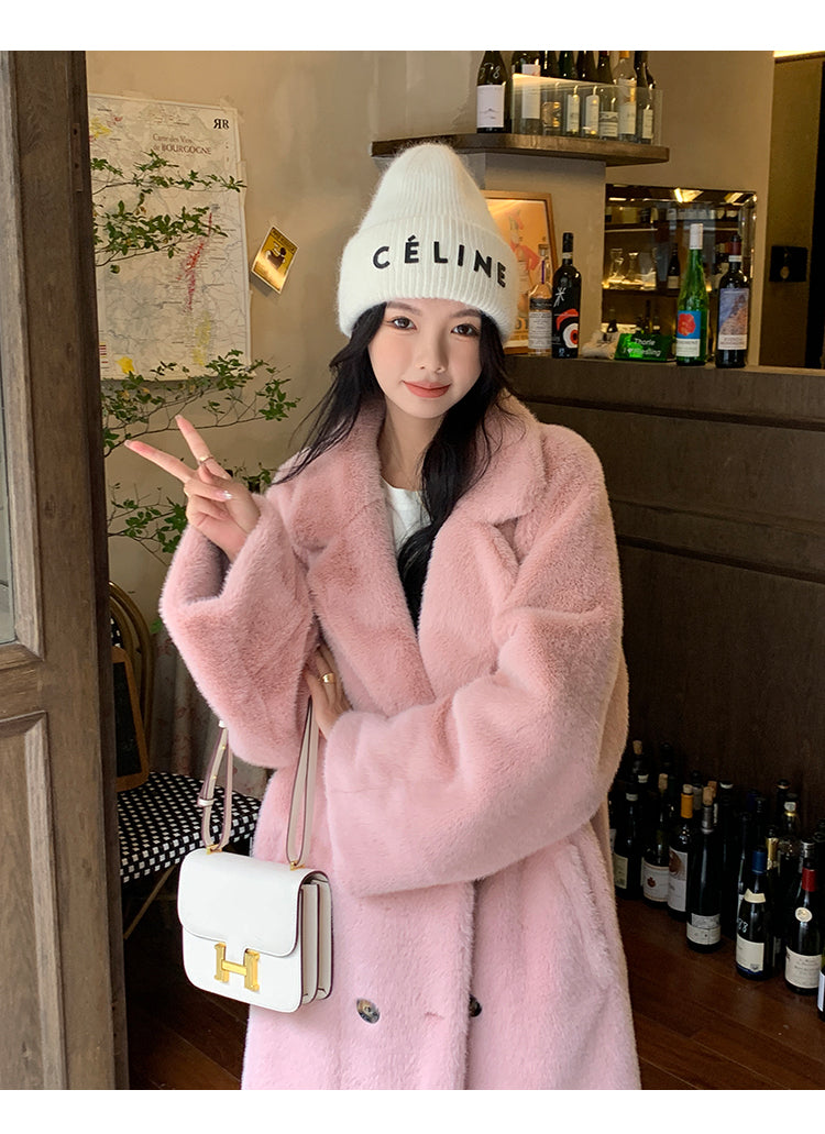 Beige Button Leather Fur Maxi Coat Long Sleeve