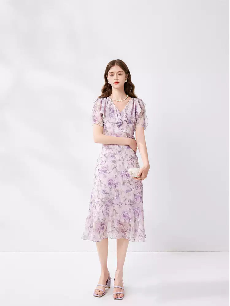 Elegant Pink V Neck Purple Lace Up Chiffon Long Dresses Summer