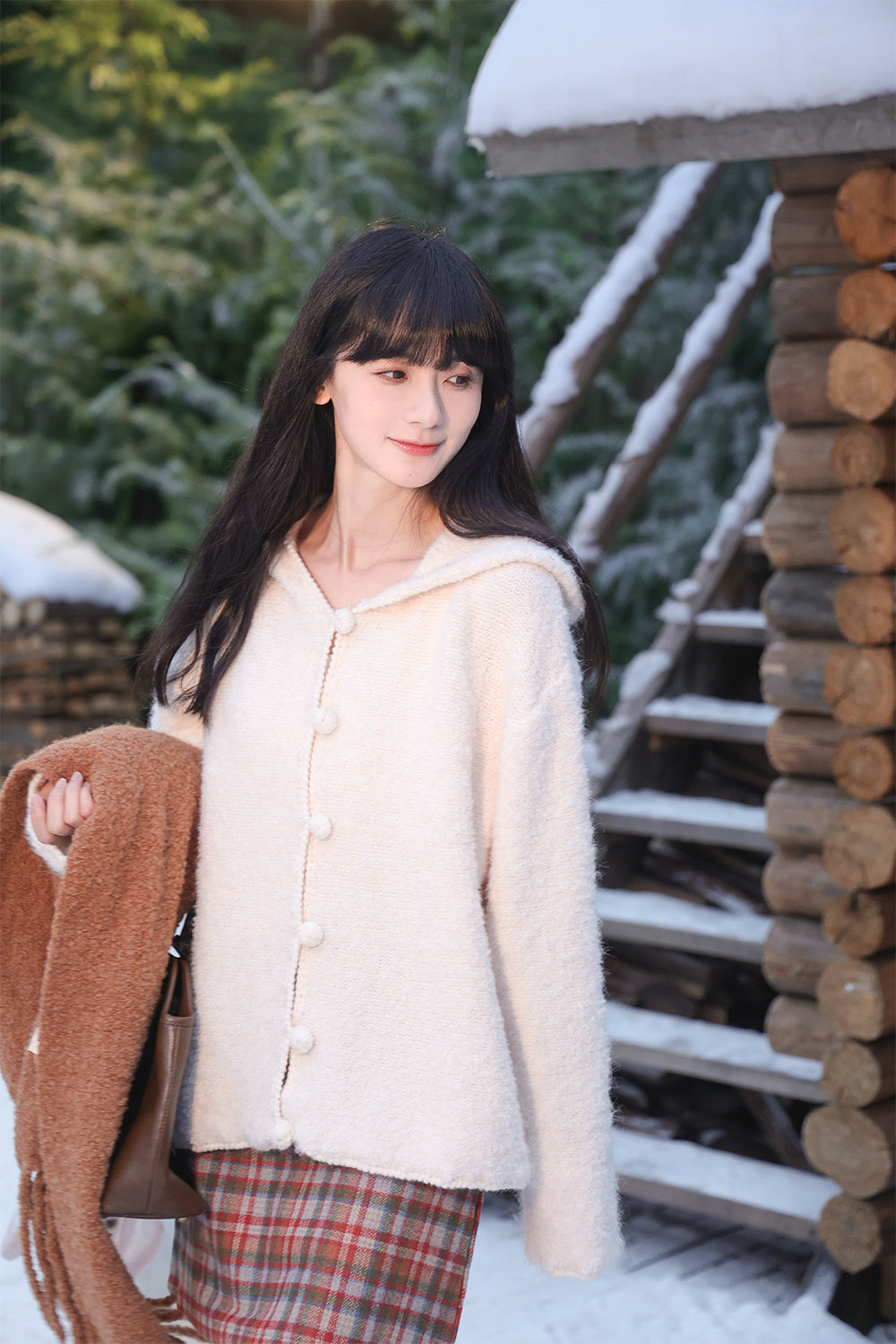 Loose Beige Hooded Button Solid Cotton Knit Coat Winter