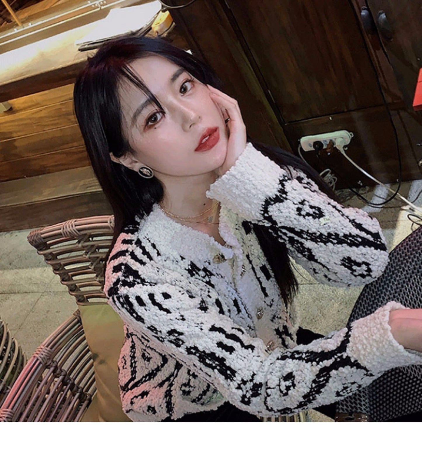 Loose Black Print Button Cotton Knit Cardigan Winter