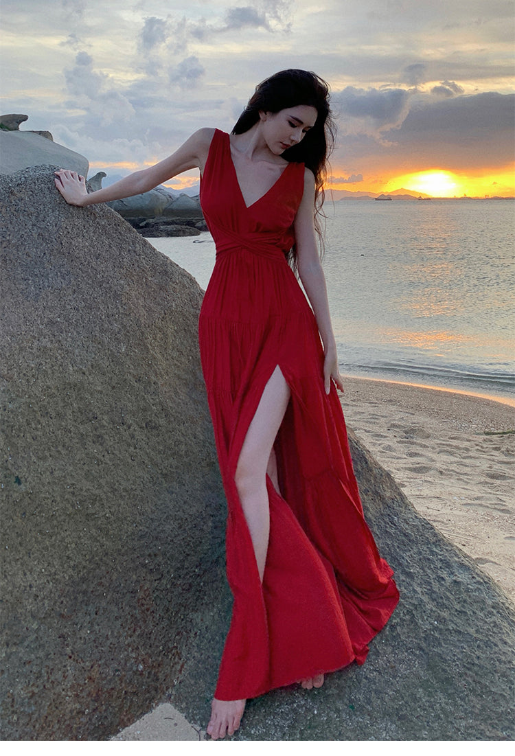 Fine Green V Neck Side Open High Waist Cotton Long Dresses Sleeveless