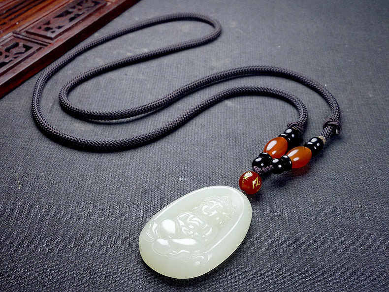 Natural Hetian White Jade Buddha Plaque Pendant Necklace