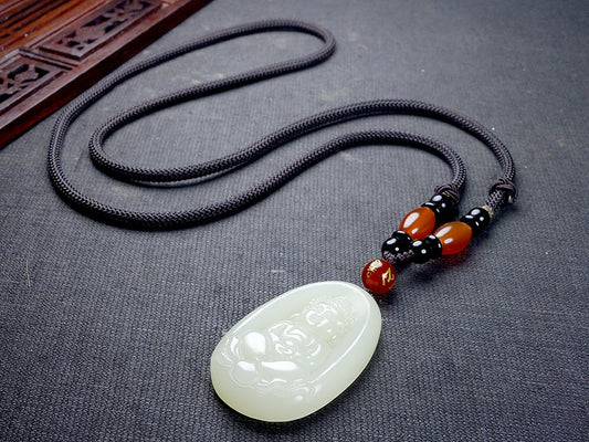 Natural Hetian White Jade Buddha Plaque Pendant Necklace