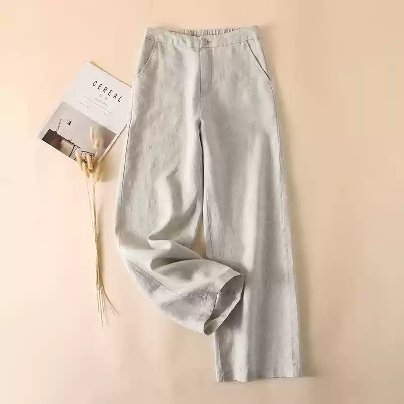 Simple White Pockets Elastic Waist Solid Linen Pants Summer