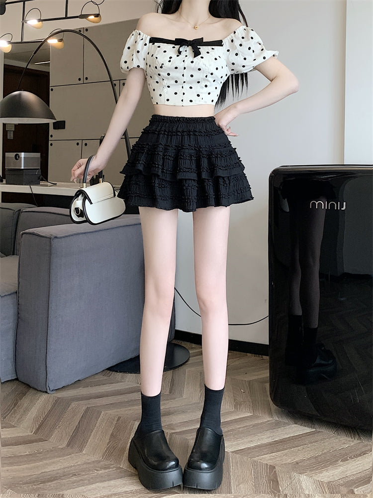 New Beige Wrinkled Elastic Waist Cotton Skirt Summer