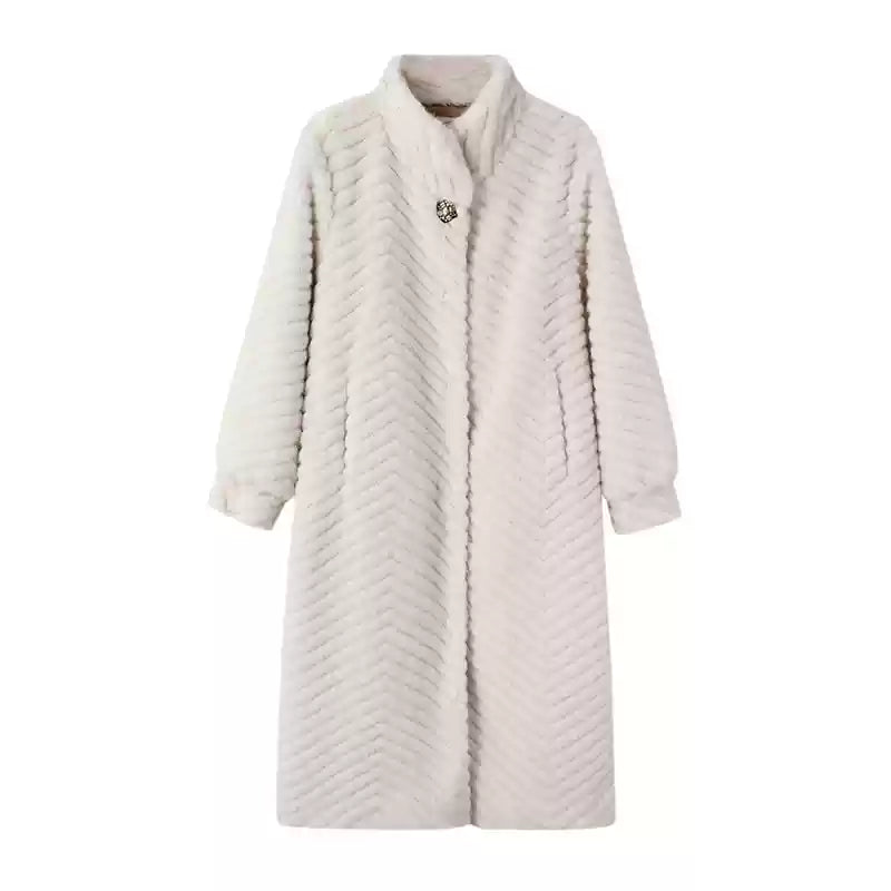 Elegant Coffee O-Neck Pockets Print Faux Leather Long Coats Winter