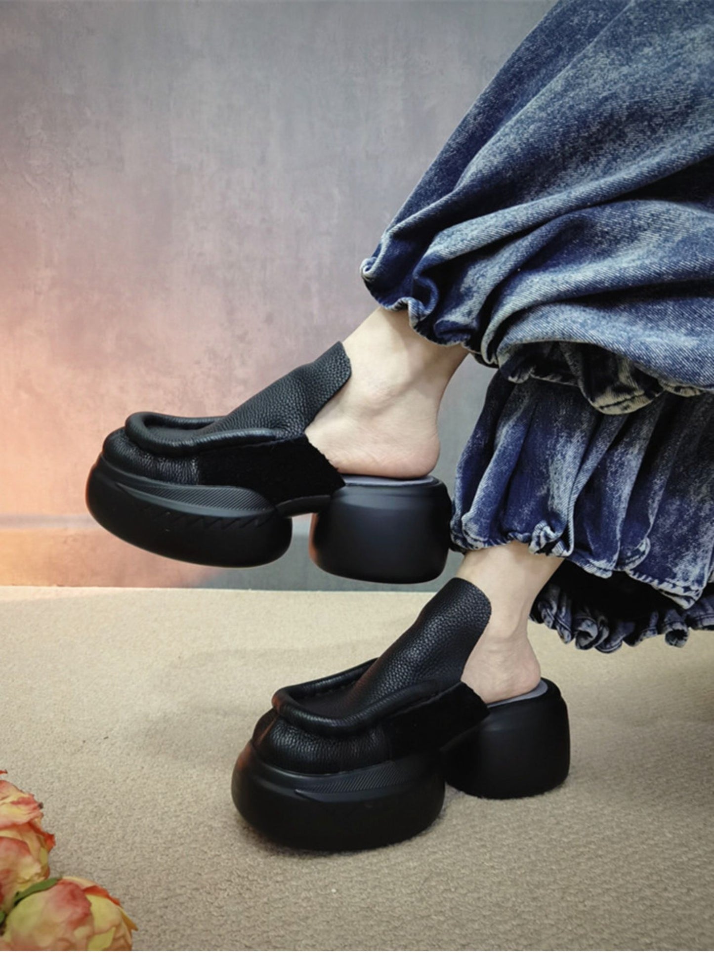 Brown Retro Splicing Cowhide Leather Platform Slide Sandals