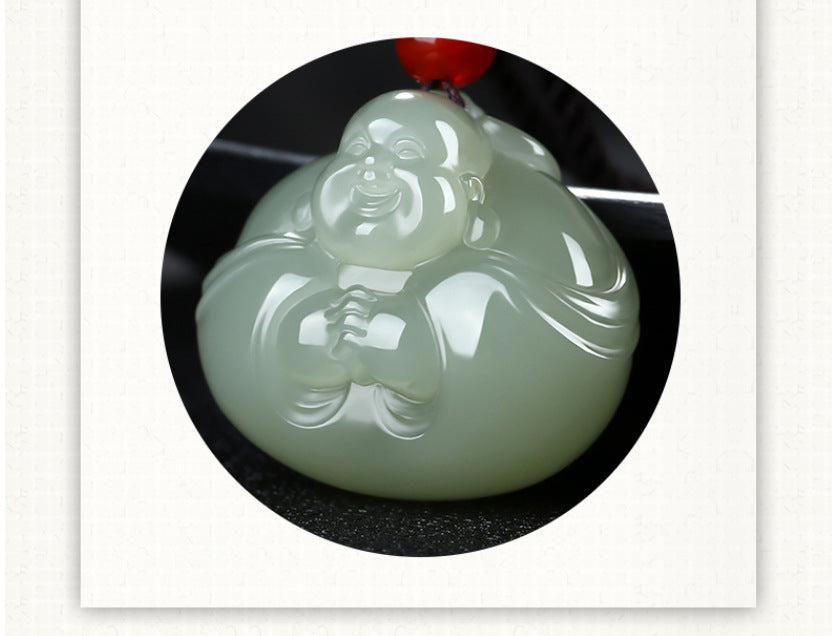 Natural Hetian Jade Laughing Buddha Pendant Necklace