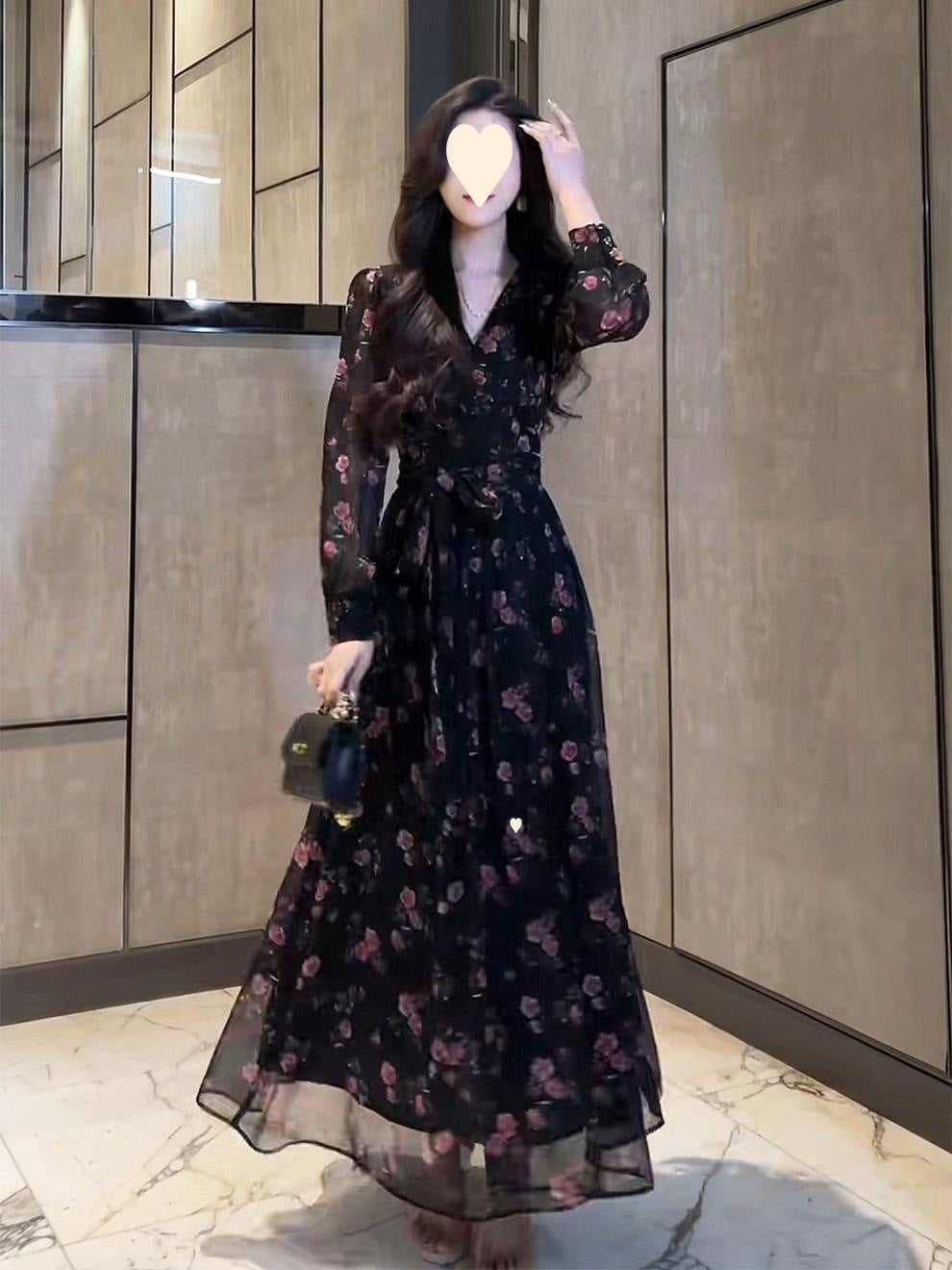 French Black floral Long Dresses Summer