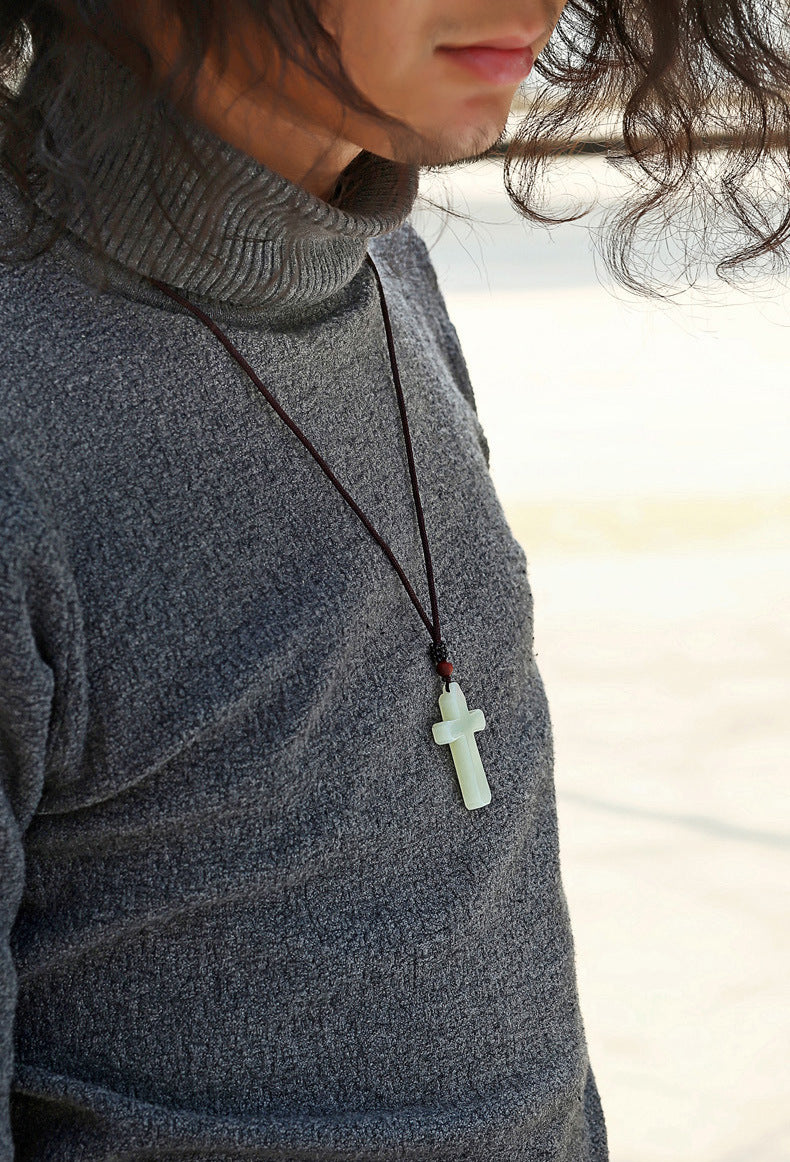Elegant Hetian Jade Cross Pendant Necklace
