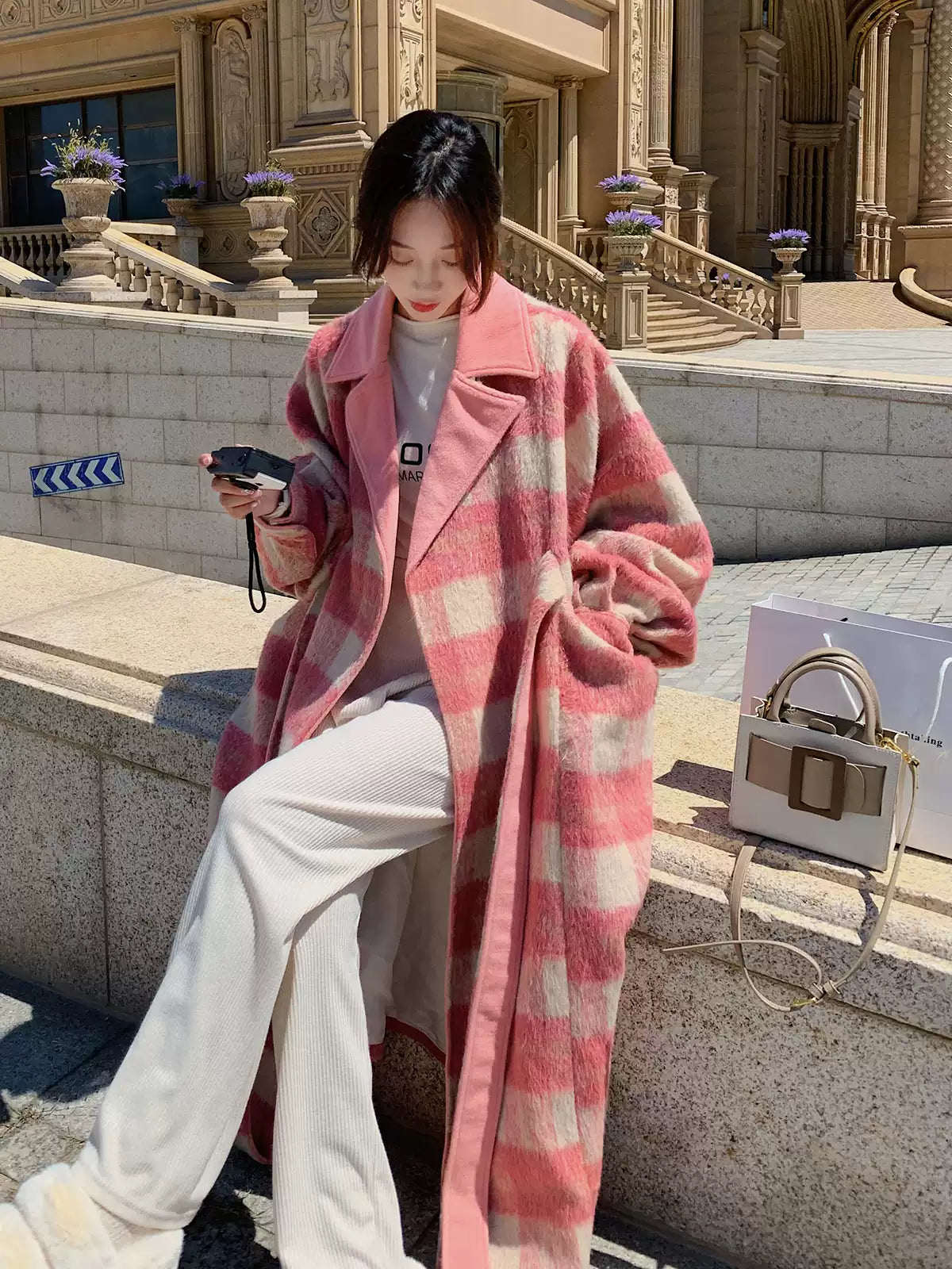 Pink Notched Tie Waist Maxi Woolen Coat Long Sleeve