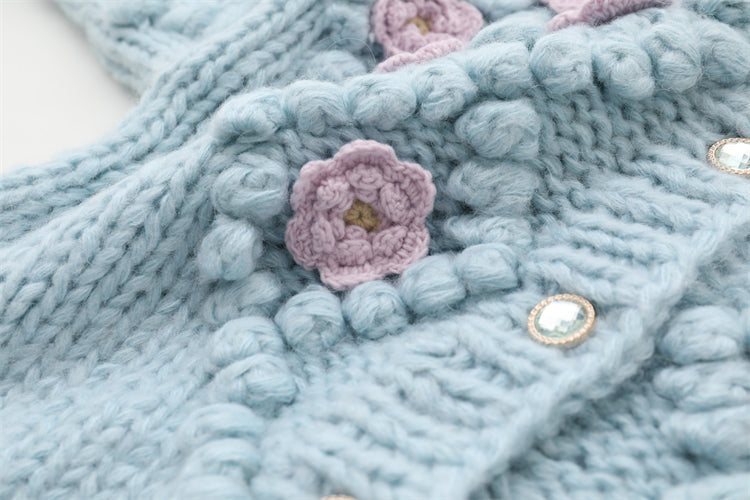 Floral Blue O Neck Button Cozy Knit Coat Winter