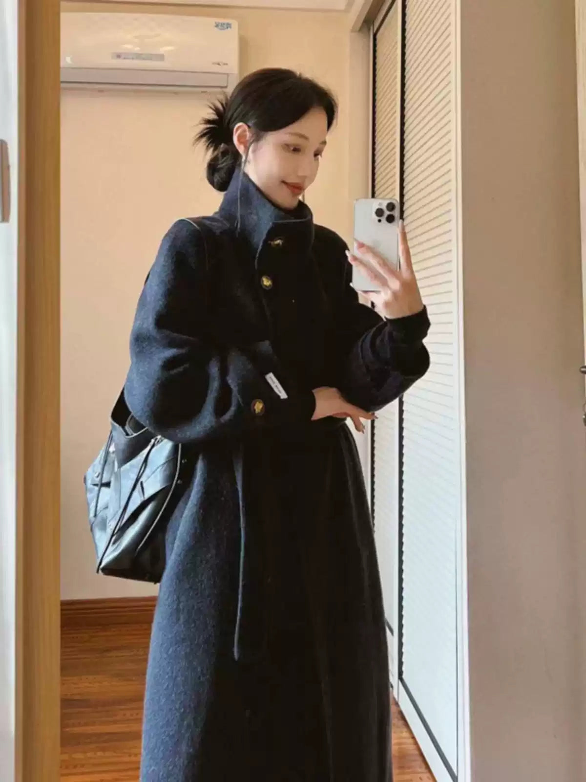 Fashion Grey Stand Collar Tie Waist Woolen Trench Winter