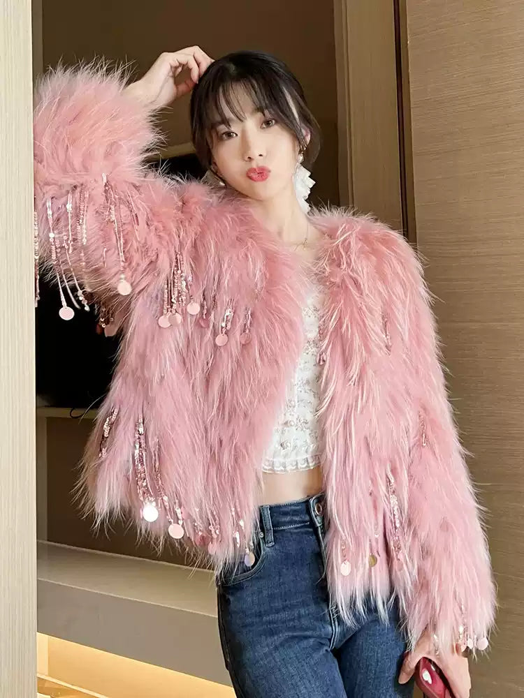 Italian Light Green Raccoon Hair Feather Tassel Coats Winter