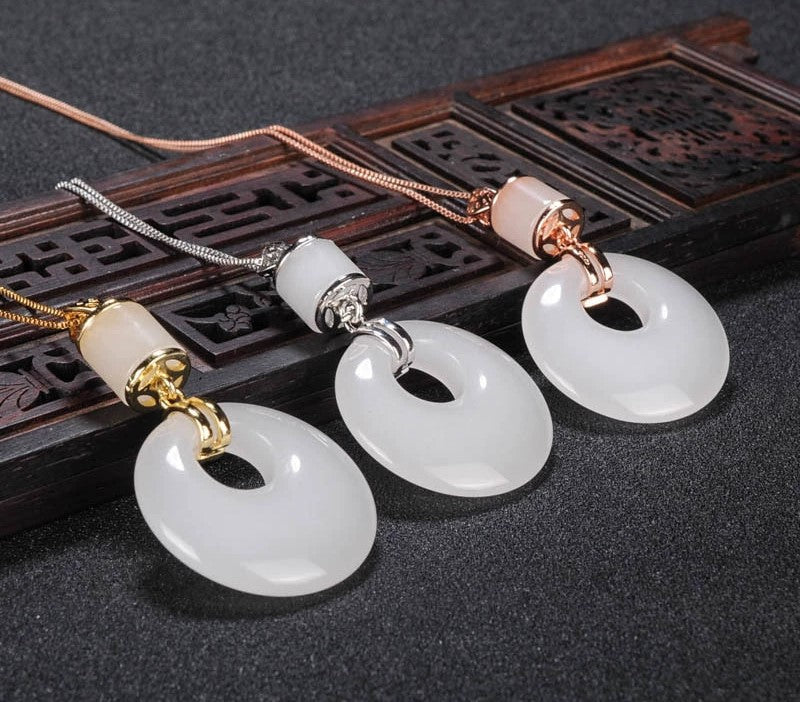 Natural Golden Silk Jade Peace Buckle Pendant Necklace