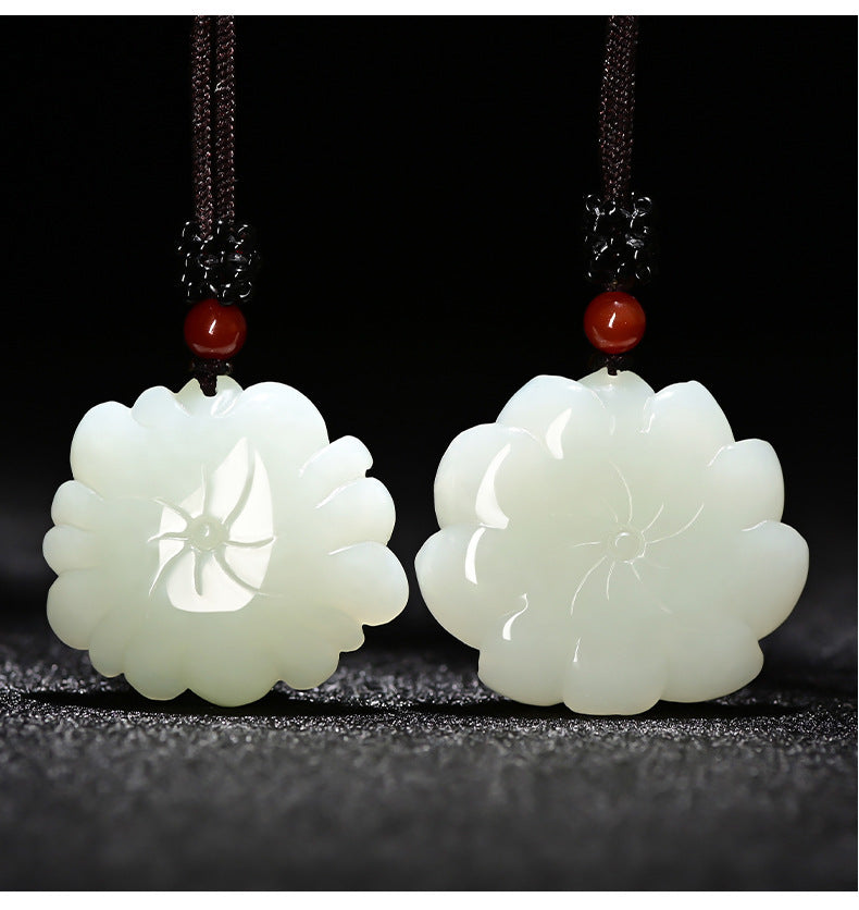 Natural Hetian Jade Lotus Pendant Necklace