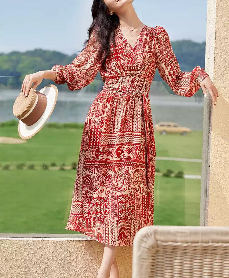 Boho Red V Neck Ruffled Print Chiffon Robe Dresses Spring