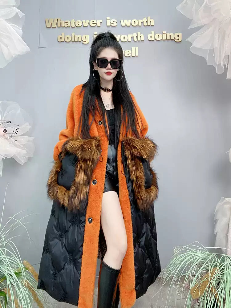 Beautiful Orange O-Neck Drawstring Patchwork Button Leather And Fur Maxi Parka Winter