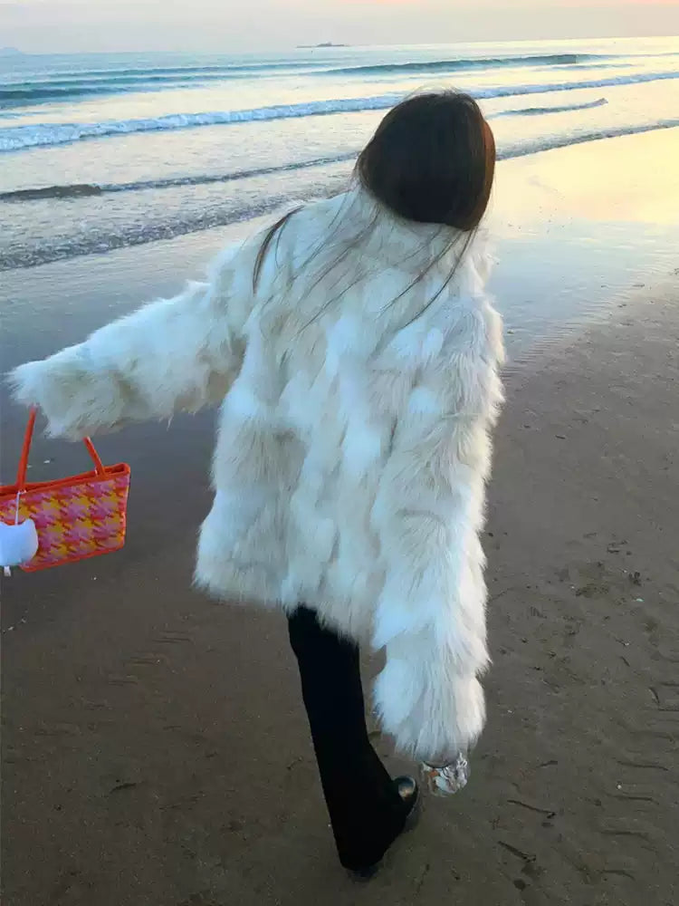 French White Pockets Leather And Fur Coats Winter