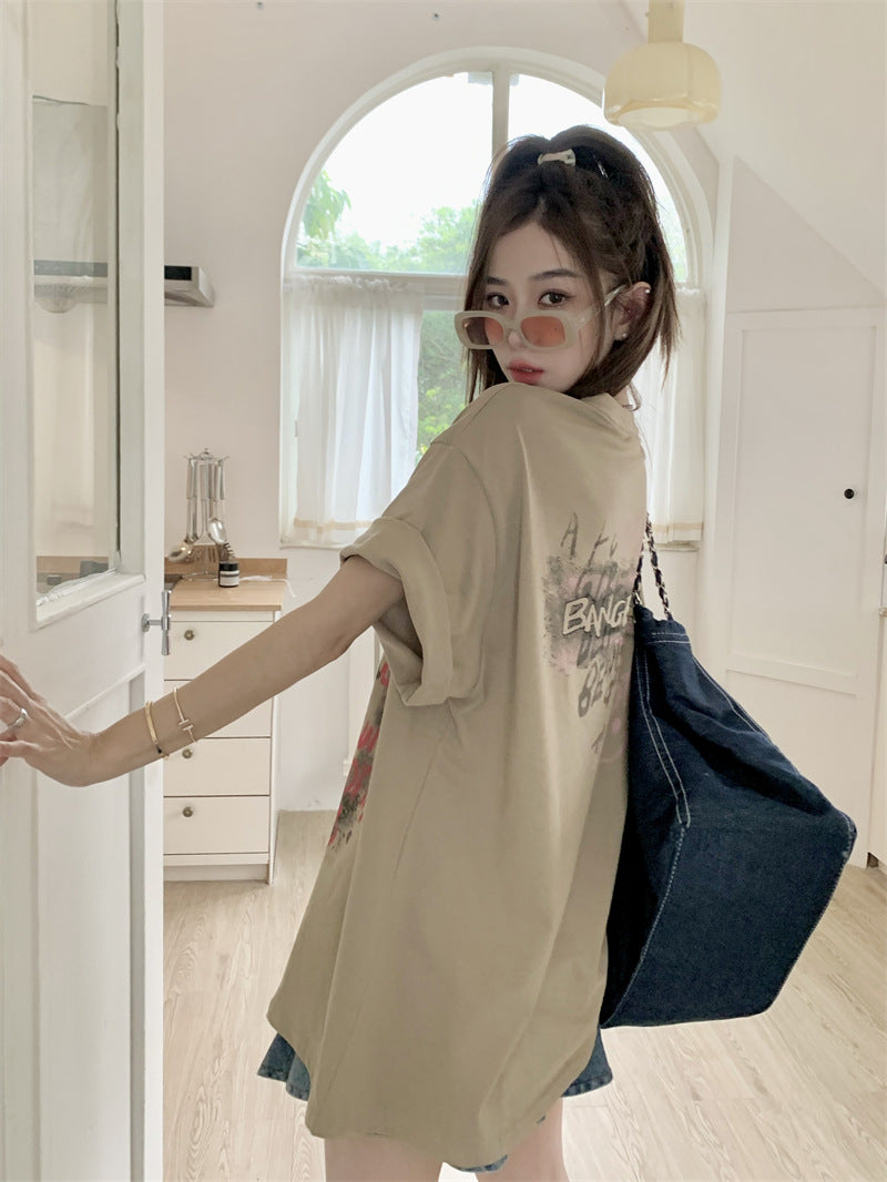 Khaki Cartoon Print Cotton Loose Tops Spring