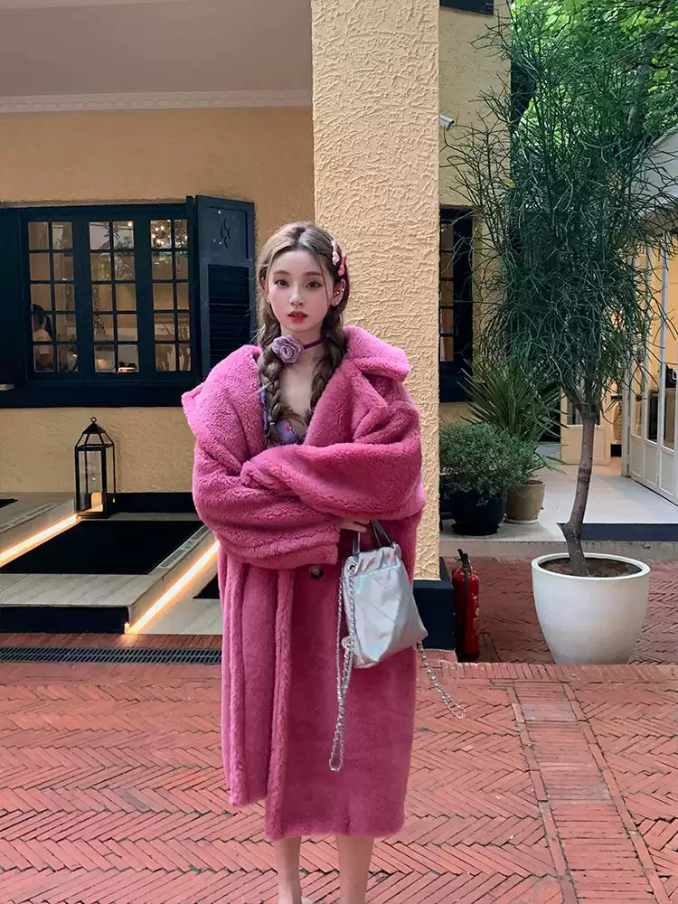 Bohemian Red Pockets Mink Hair Knitted Hoodie Long Coat Winter