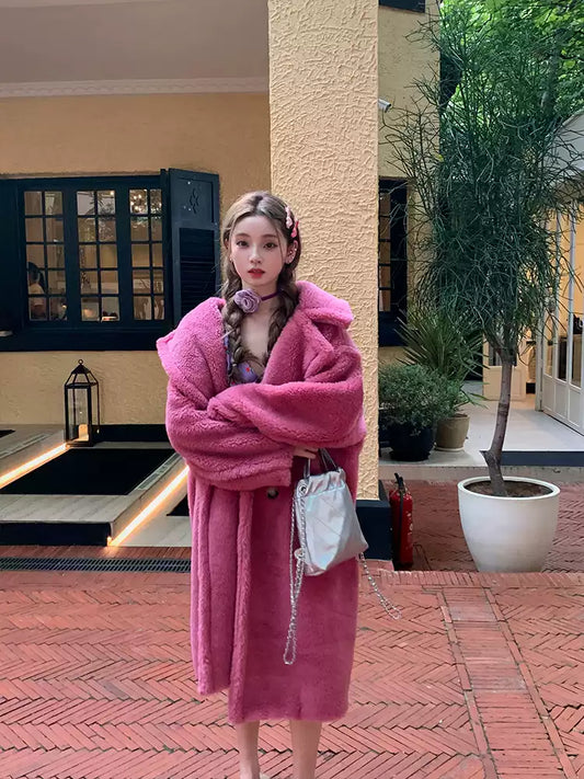 Bohemian Red Pockets Mink Hair Knitted Hoodie Long Coat Winter