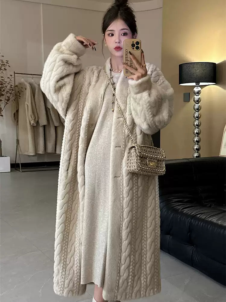 Modern Beige Patchwork Button Faux Leather Maxi Hoodie Coat Winter