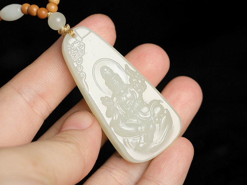 Natural Hetian White Jade Guanyin Pendant Necklace