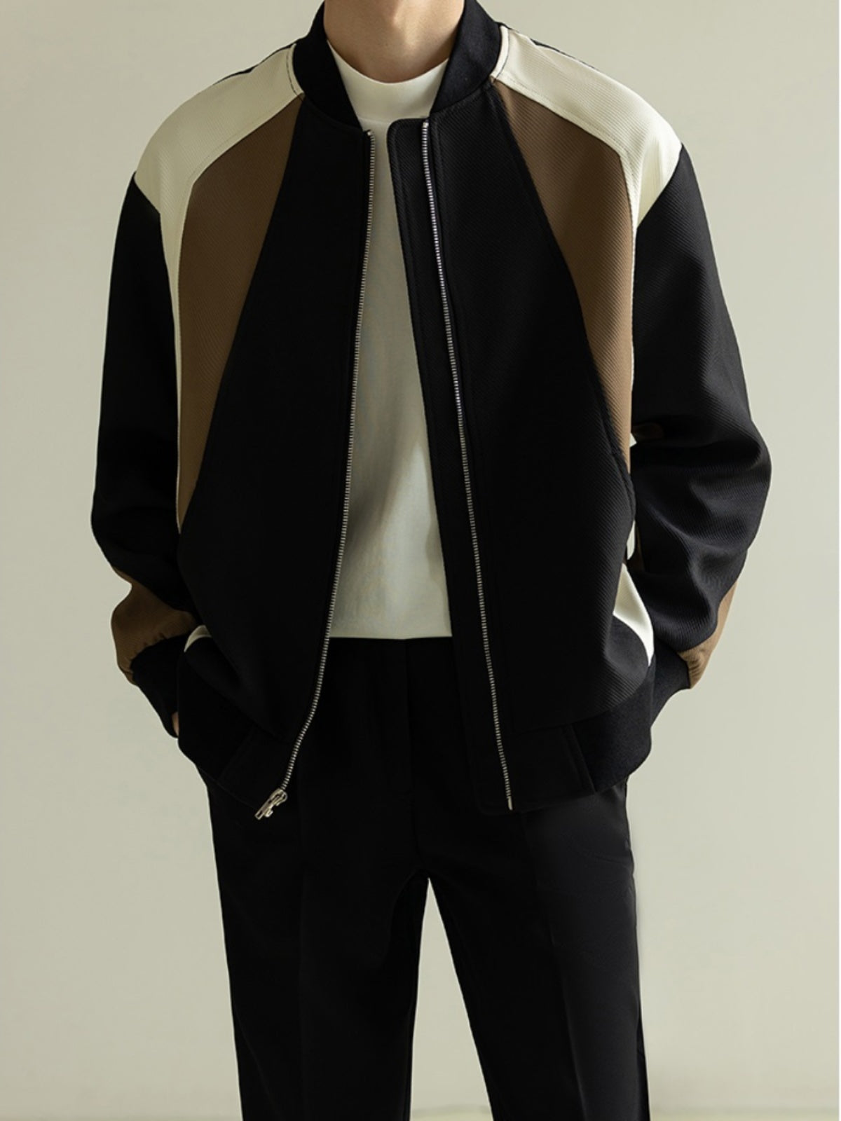 French Black Zip Up Patchwork Cotton Coat Fall