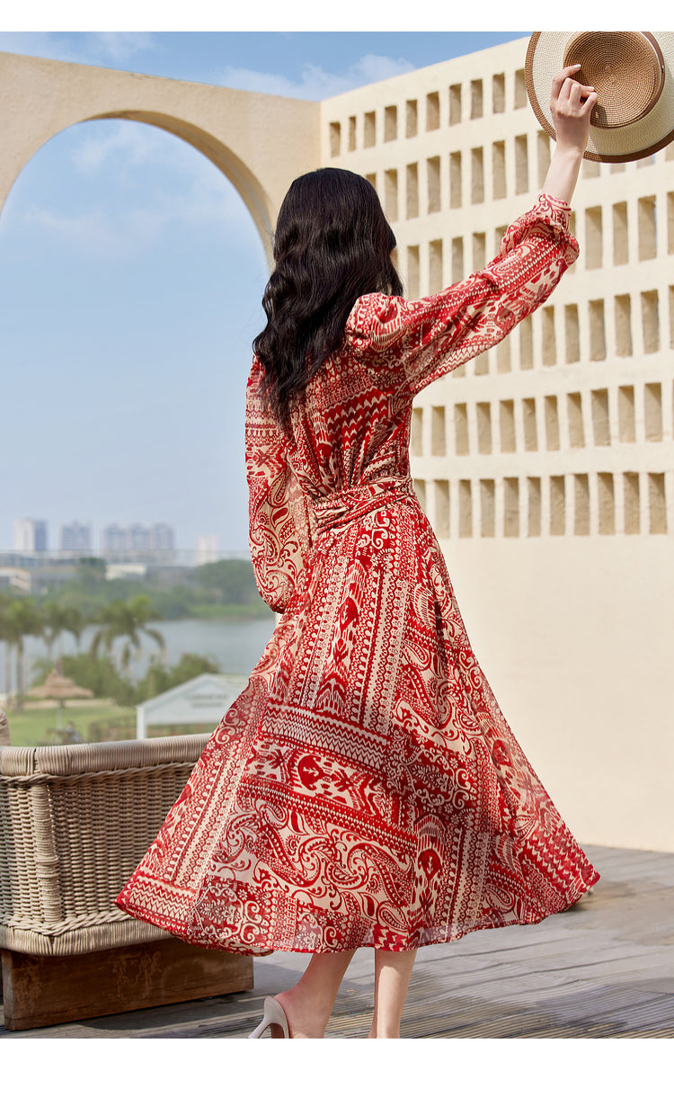 Boho Red V Neck Ruffled Print Chiffon Robe Dresses Spring